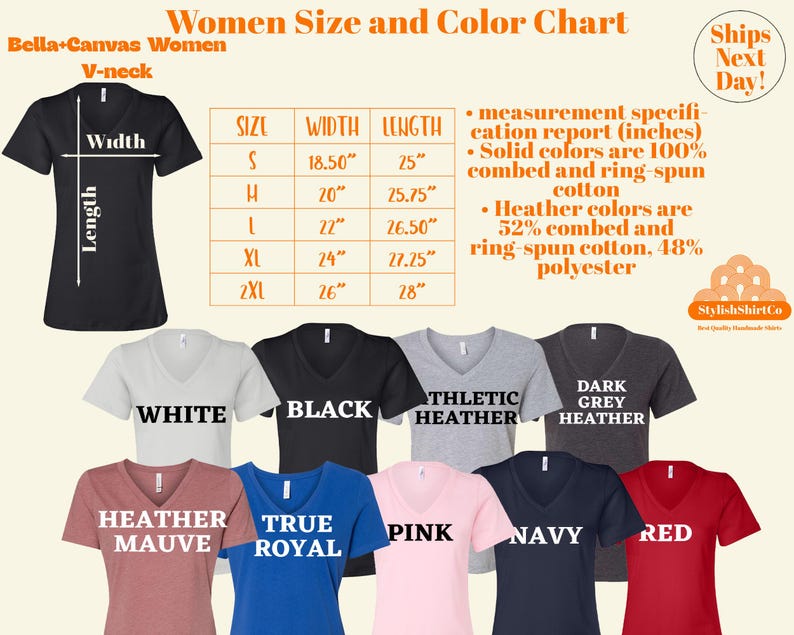 以下が含まれることがあります： VネックTシャツのサイズとカラーチャート。チャートは、S、M、L、XL、2XLのサイズについて、インチ単位で寸法を示しています。利用可能なカラーは、ホワイト、ブラック、アスレチックヘザー、ダークグレーヘザー、ヘザーモーヴ、トゥルーロイヤル、ピンク、ネイビー、レッドです。