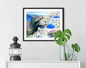 Lámina artística de Santorini, Grecia, ilustración en acuarela, decoración de pared costera.