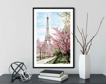 Lámina artística en acuarela de la Torre Eiffel, impresión giclée de cerezos en flor de París