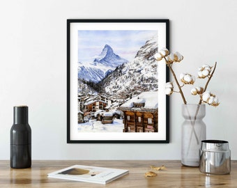 Matterhorn Mountain Art Print, Zermatt, Switzerland Painting, Europe Travel Wall Art, Winter Home Decor, 11 x 14&quot;, 8 x 10&quot;, Watercolor