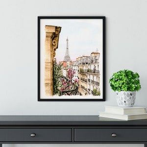 Paris Rooftop Balcony Art Print, Eiffel Tower Painting, France, Europe Travel Home Decor, Watercolor, Travel Gift, Spring Flowers, Cityscape