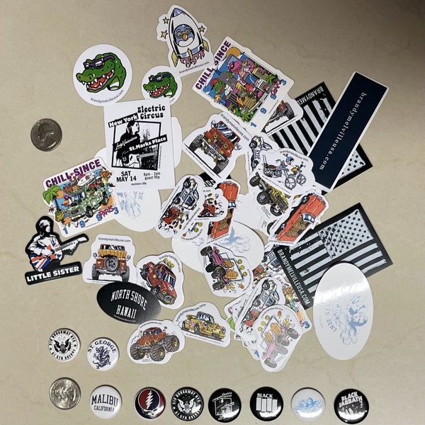 Lot of 50 Brandy Melville Stickers and 4 Pins - Randomly Picked