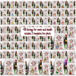 May include: A set of 88 printable designs for Santa sacks, featuring various cartoon characters. The designs include two templates for adding a photo.