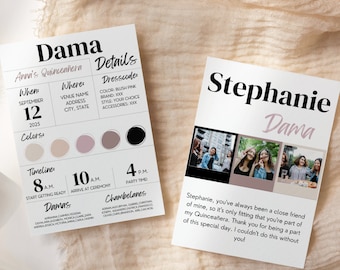 May include: Two white rectangular cards for a Quinceañera. The left card lists Dama details, event timeline, and color swatches. The right card features the name Stephanie, the word Dama, three photos of people, and a printed thank you message.