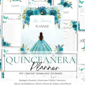Blue Turquoise Quinceañera Planner, Party Planner, INSTANT DOWNLOAD, Mis Quince XV 15 Anos Agenda Printable Template