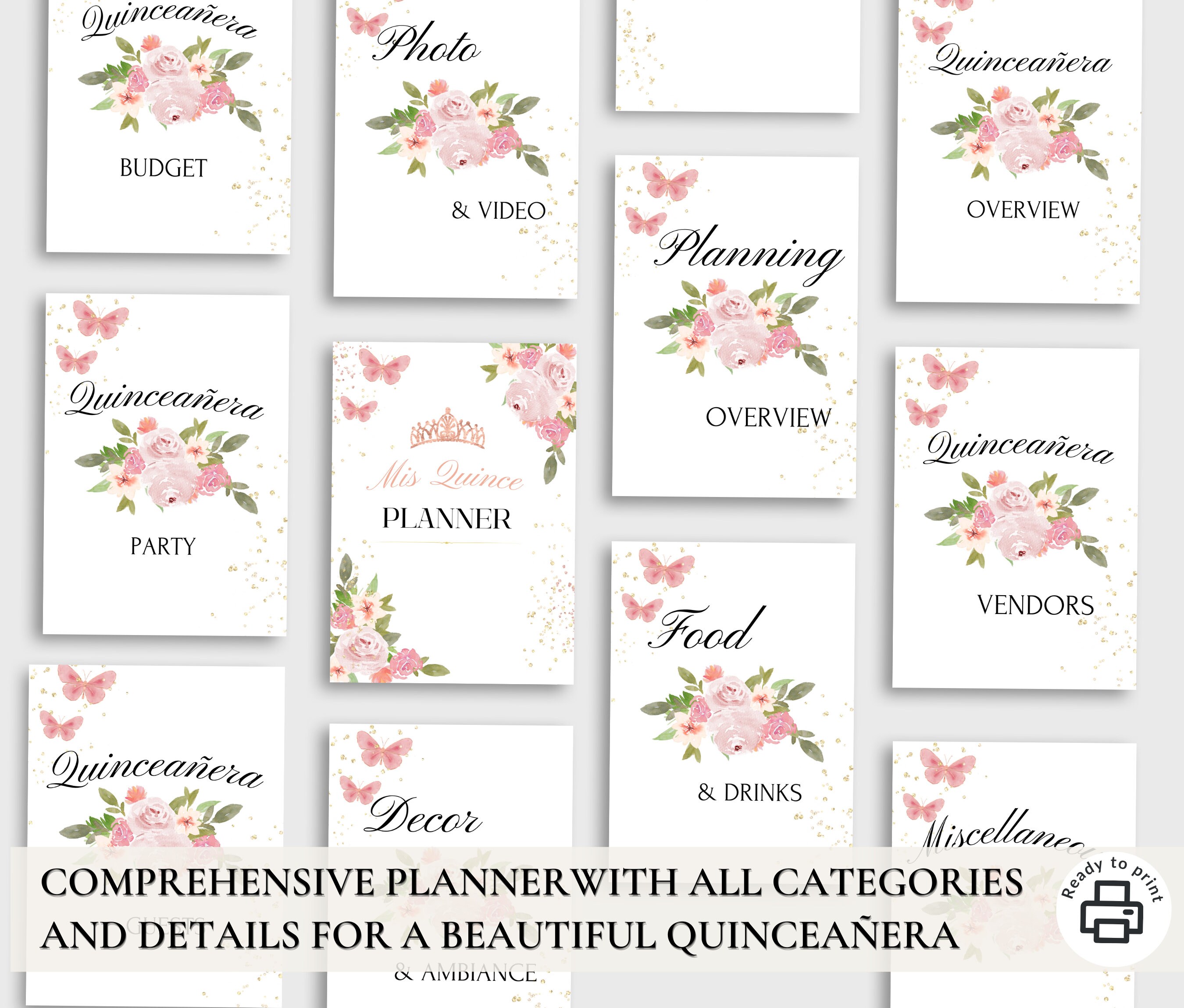 Pink Rose Gold Quinceañera Planner, Party Planner, INSTANT DOWNLOAD