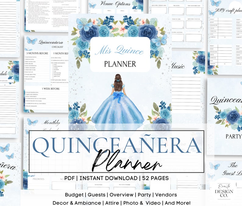 Blue Silver Quinceañera Planner, Party Planner, INSTANT DOWNLOAD, Mis Quince XV 15 Anos Agenda ...