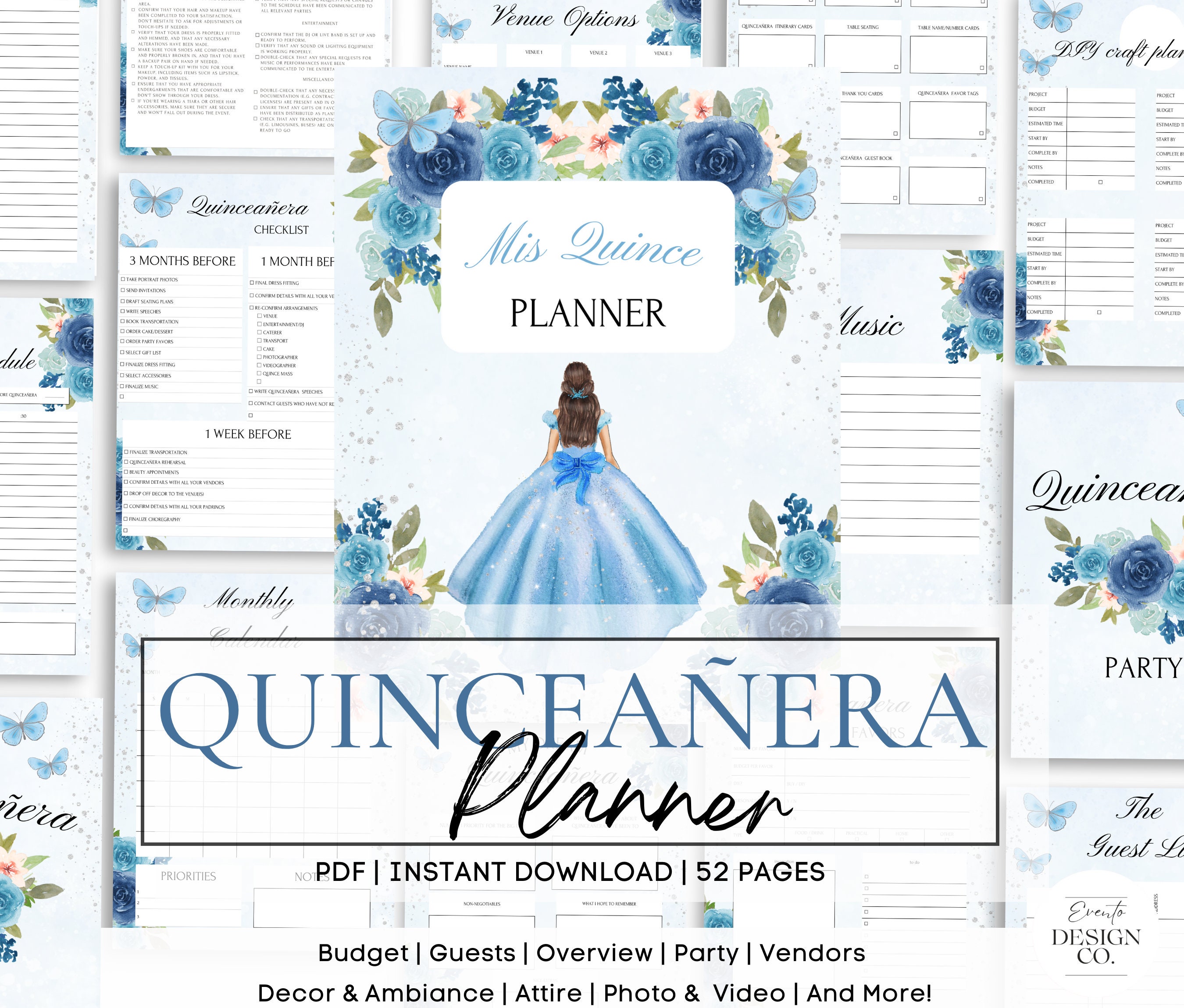 Blue Silver Quinceañera Planner, Party Planner, INSTANT DOWNLOAD, Mis Quince XV 15 Anos Agenda ...