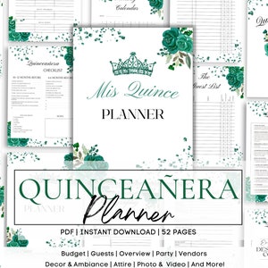 Emerald Green Quinceañera Planner, Party Planner, INSTANT DOWNLOAD, Mis Quince XV 15 Anos Agenda Printable Template