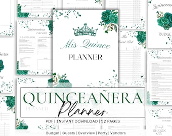 Emerald Green Quinceañera Planner, Party Planner, INSTANT DOWNLOAD, Mis Quince XV 15 Anos Agenda Printable Template