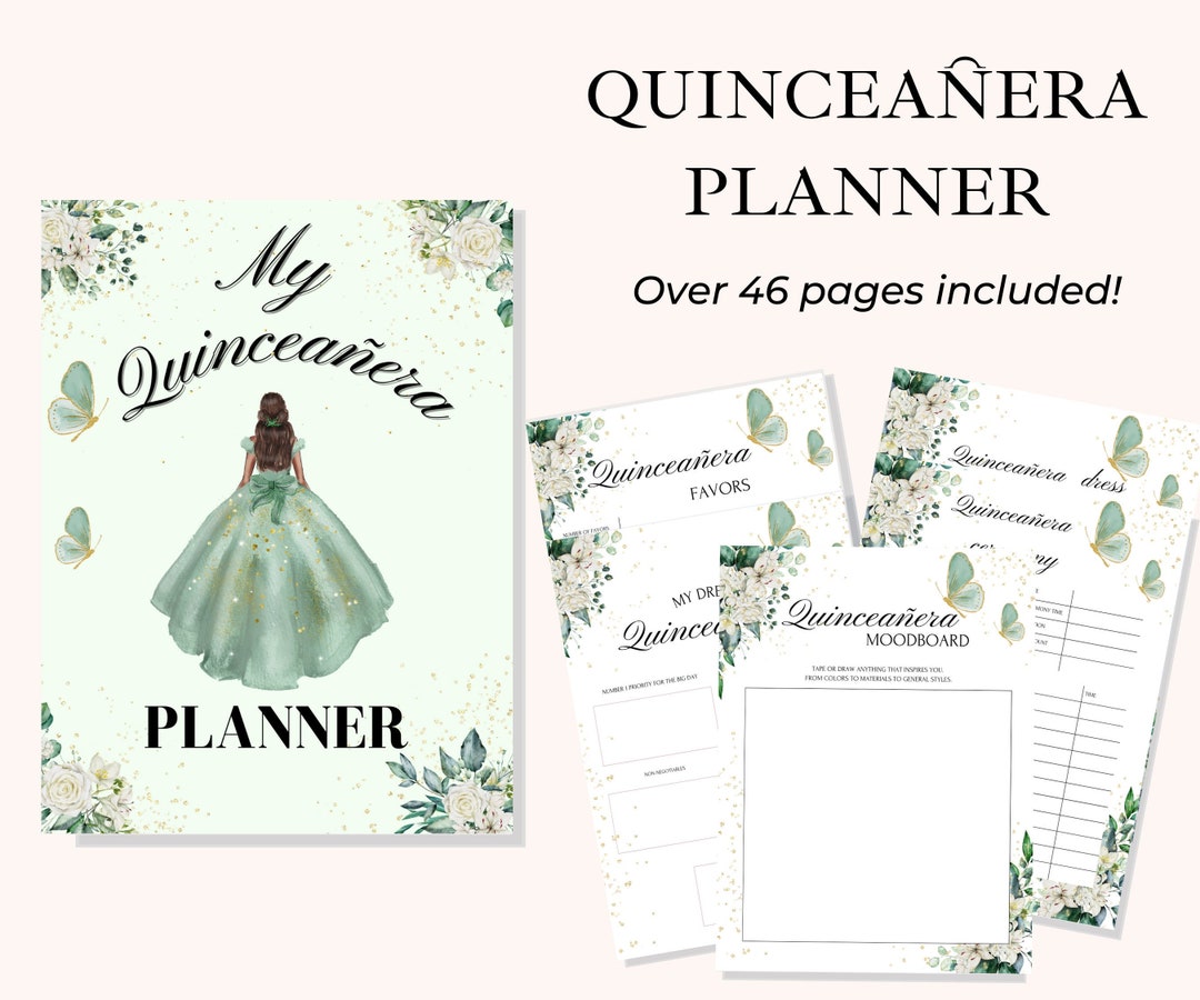Green Quinceañera Planner, Party Planner, INSTANT DOWNLOAD, Mis Quince