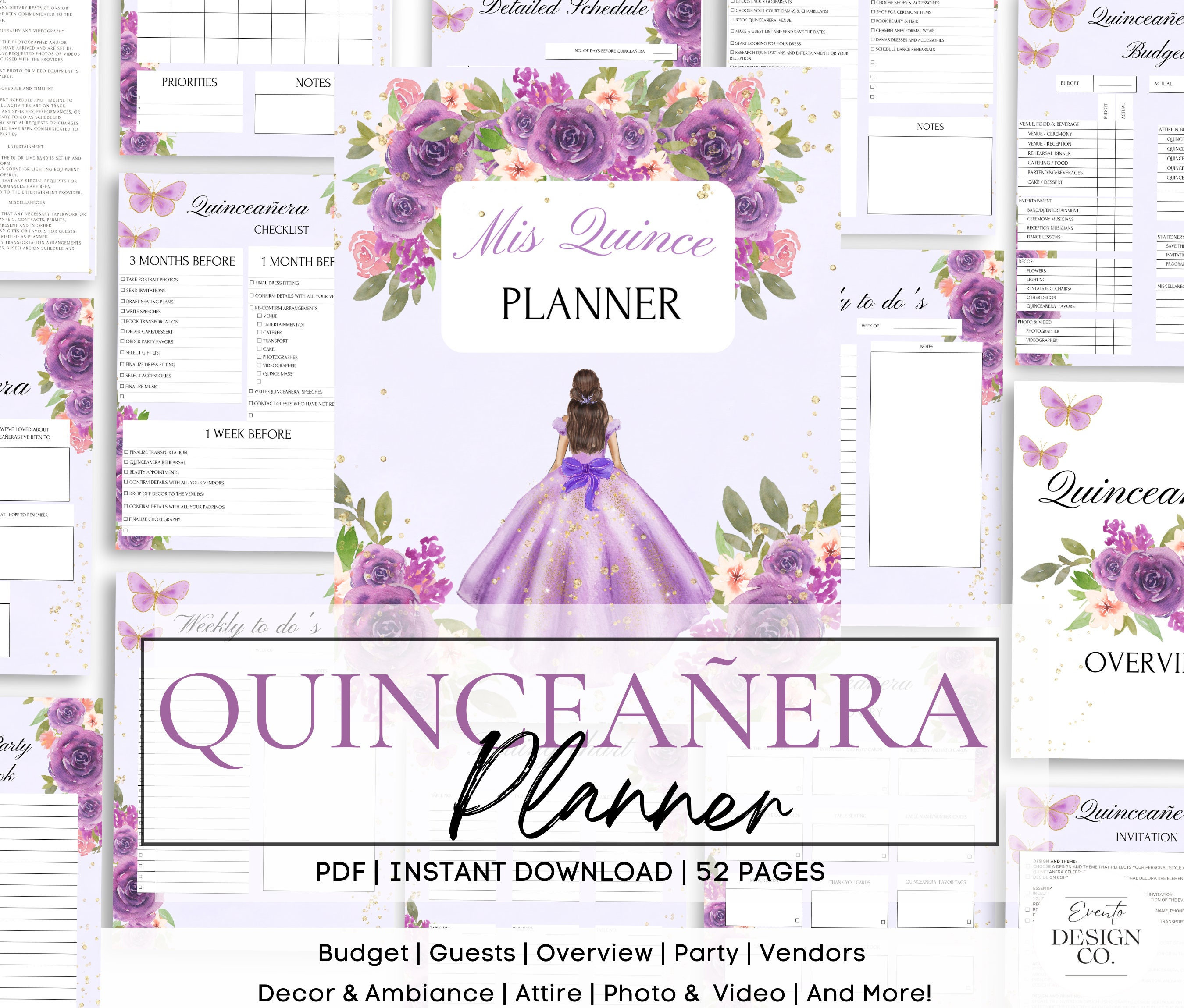 XV años Purple Quinceañera Planner, Party Planner, INSTANT DOWNLOAD, Mis Quince Anos Agenda Printable Template