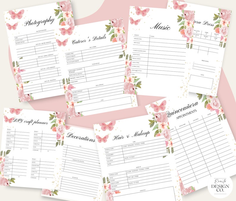 Pink Rose Gold Quinceañera Planner, Party Planner, INSTANT DOWNLOAD