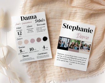 Editable Quinceañera Court Dama Info Card, Mis Quince años Dama Detail Card, Unique XV años Quinceañera, Canva Template, INSTANT DOWNLOAD