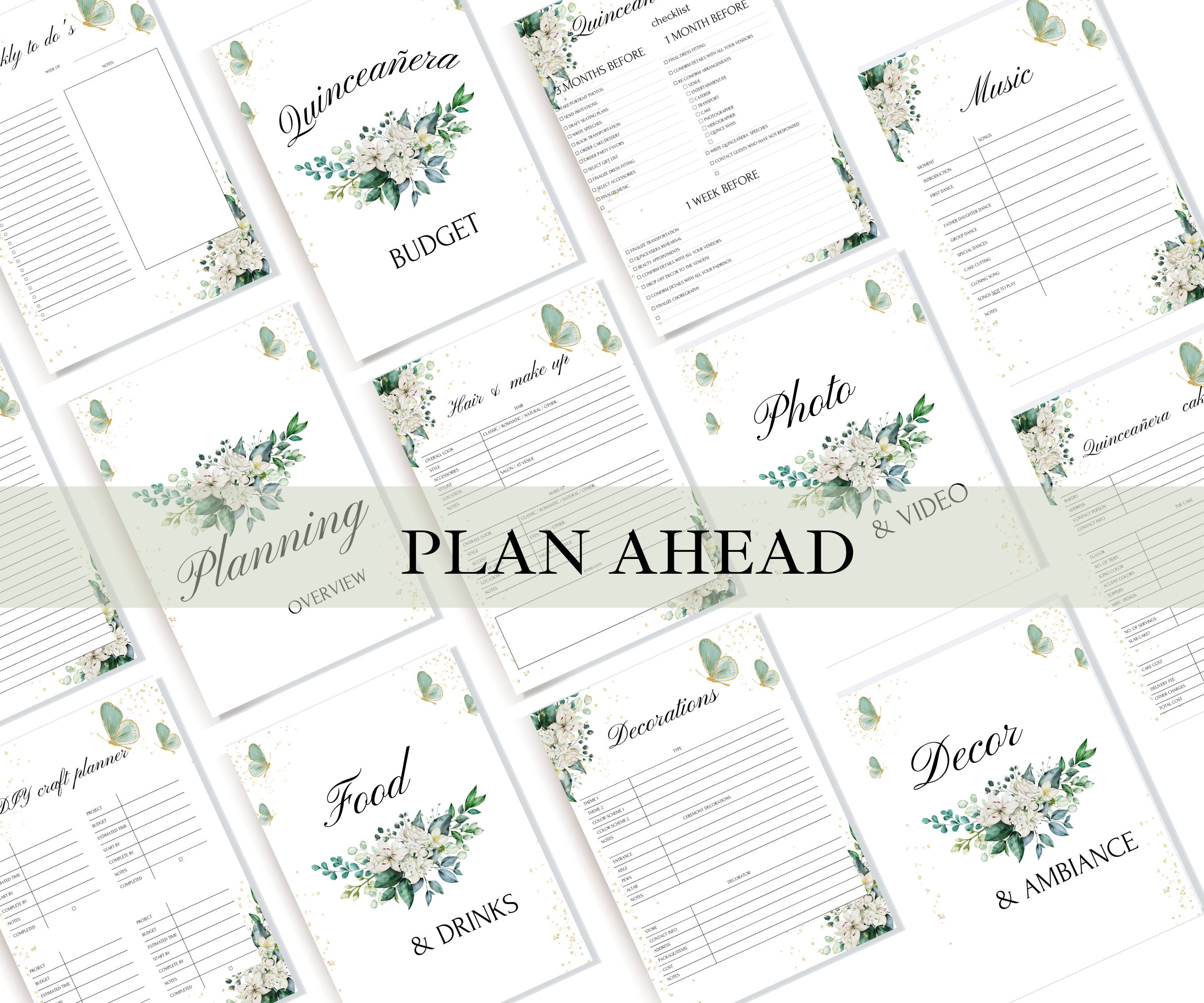Green Quinceañera Planner, Party Planner, INSTANT DOWNLOAD, Mis Quince XV 15 Anos Agenda ...