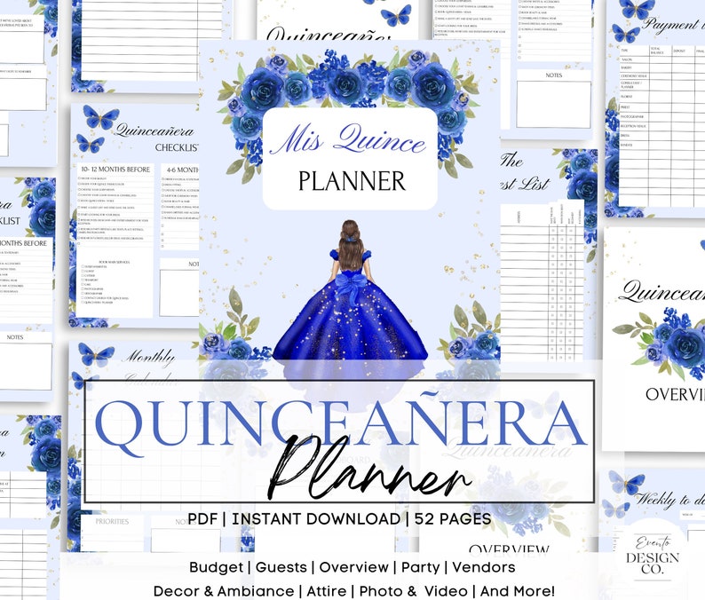 Blue Gold Quinceañera Planner, Party Planner, INSTANT DOWNLOAD, Mis