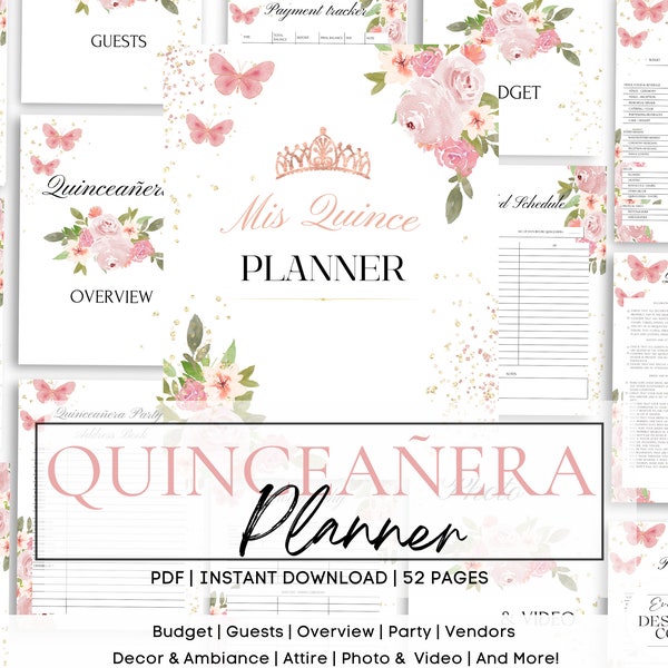 Pink Rose Gold Quinceañera Planner, Party Planner, INSTANT DOWNLOAD, Mis Quince XV años 15 Anos Printable Template