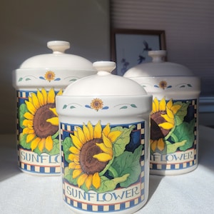 Vintage Susan Winget Ceramic Sunflower Jar and Lid Set, 1980s | 6 piece Kitchen Canister Set | Sunflower Kitchen Decoration