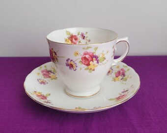 Vintage Tuscan Fine Bone China Footed Teacup and Saucer, Pink, Purple, Yellow Flowers | Mid-Century Tea Set| Made in England