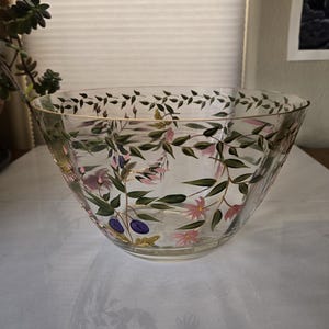 Vintage Hand Painted Floral Glass Bowl with Gold Trim, Romanian Glass
