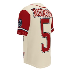 Iconic Jackie Robinson number 42 on back of recycled baseball jersey