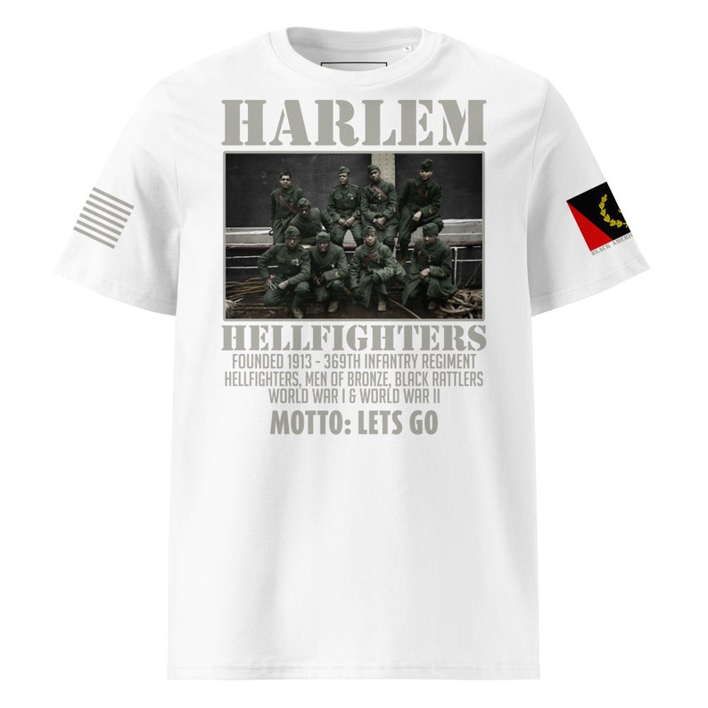 Graphic design of Harlem Hell Fighters on eco-friendly unisex t-shirt
