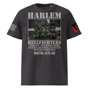 Side view of Harlem Hell Fighters Black History t-shirt on hanger