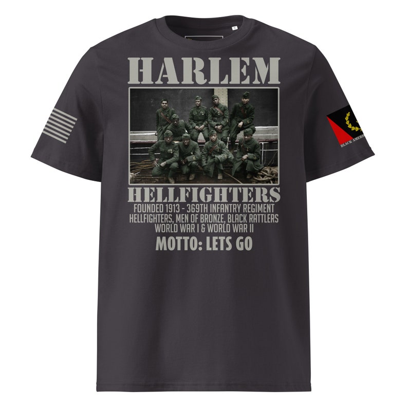 Side view of Harlem Hell Fighters Black History t-shirt on hanger