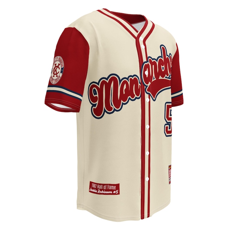 Side profile of classic fit baseball jersey honoring Jackie Robinson's legacy