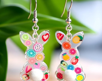 Pendientes colgantes de conejito de Pascua con frutas, ganchos de plata de ley, accesorio con encanto primaveral