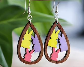 Pendientes de conejito en forma de lágrima, joyería colgante de madera en tonos pastel para Pascua.