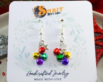 Jingle Bell Dangle Earrings, Sterling Silver, Christmas Jewelry