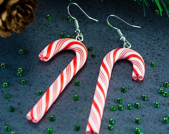 Pendientes de bastón de caramelo, ganchos de plata de ley, joyería navideña