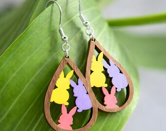 Pendientes de conejito en forma de lágrima, joyería colgante de madera en tonos pastel para Pascua.