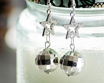 Pendientes colgantes de bola de discoteca, plata de ley, joyería para festivales