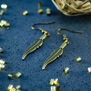 Bronze Feather Earrings, Handmade Jewelry, Boho Earrings, Feather Charm Dangle Earrings, Minimalist Gold Earrings, Christmas Gift for Her
