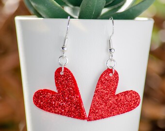 Pendientes de corazón con purpurina roja, joyería de piel sintética para San Valentín