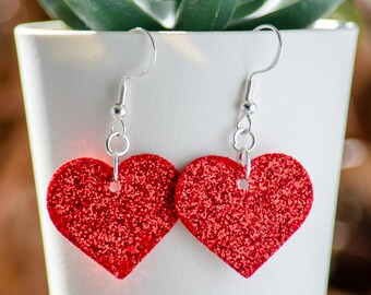 Pendientes de corazón con purpurina roja, joyería de piel sintética para San Valentín