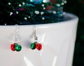 Christmas Jingle Bell Earrings, Sterling Silver, Holiday Jewelry