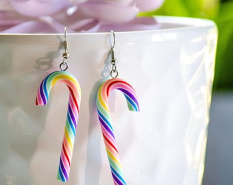 Pendientes de bastón de caramelo, joyas navideñas de arcoíris
