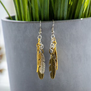 Feather Earrings, Silver Jewelry, Boho Earrings, Feather Charm Dangle Earrings, Minimalist Gold Brass Earrings, Gift for Her, Christmas Gift