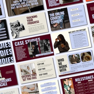 May include: A collection of digital presentation slides featuring business coaching content, including text headers like Case Studies, Tracking Your Progress, and Milestones, with a color palette of deep red, cream, and light blue.