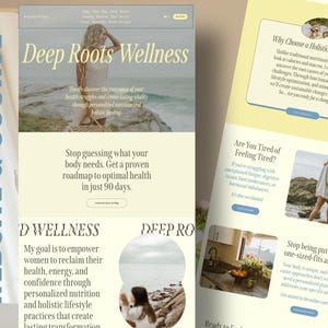 May include: A website and course advertisement for Deep Roots Wellness. The design features a light beige and white color scheme with images of a woman and text. The text includes phrases like "holistic lifestyle" and "optimal health".