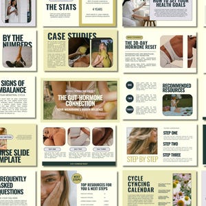 May include: A set of slides for an online course about hormone balance. The slides feature images of women, text about the gut-hormone connection, and a 30-day hormone reset program. The slides are designed in a minimalist style with a yellow and green color scheme.