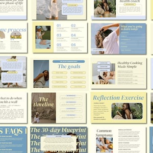May include: A series of digital slides with a pale yellow background and blue accents. The slides contain text and images related to health, wellness, and personal development. Topics include nutrition, hormone processes, and a 30-day blueprint.