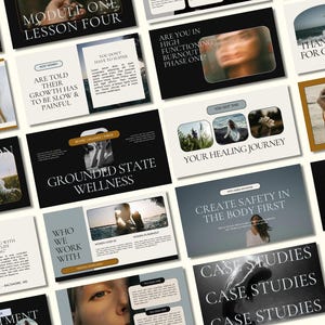 May include: A collection of digital presentation slides featuring a wellness theme with a dark and neutral color palette. The slides include serif typography, photographic imagery of nature and people, and text blocks with headings like Grounded State Wellness, Your Healing Journey, and Create Safety in the Body First.