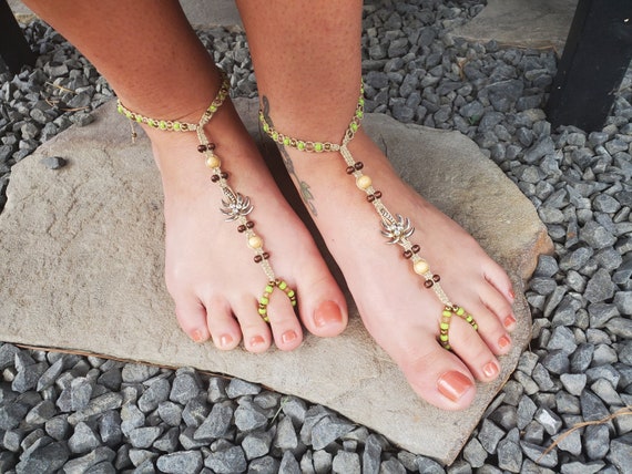 Hemp Barefoot Sandals With Palm Tree Charms Foot Jewelry Palm Tree Sandals Etsy Canada