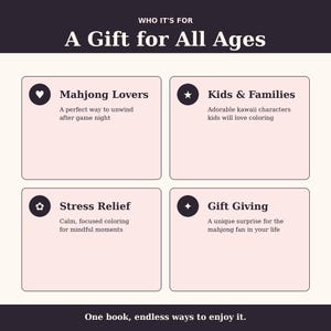 Peut inclure: Visuel promotionnel avec le texte "Un cadeau pour tous les &acirc;ges". Il met en avant l'attrait du cadeau pour les amateurs de Mahjong, les enfants, les familles, la gestion du stress et les cadeaux. Le texte "Un livre, d'innombrables fa&ccedil;ons d'en profiter" est en bas.
