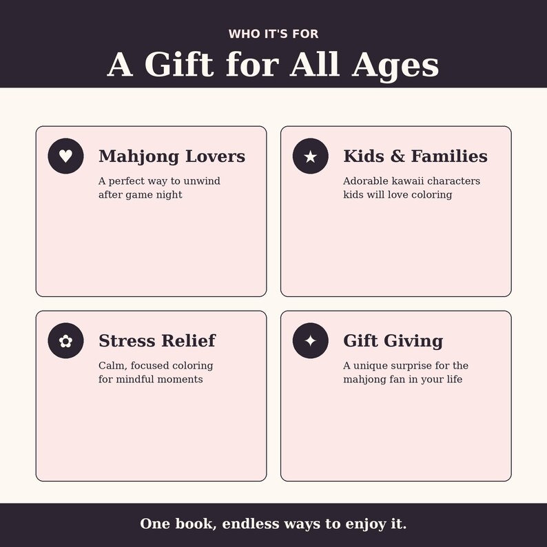 Peut inclure: Visuel promotionnel avec le texte "Un cadeau pour tous les &acirc;ges". Il met en avant l'attrait du cadeau pour les amateurs de Mahjong, les enfants, les familles, la gestion du stress et les cadeaux. Le texte "Un livre, d'innombrables fa&ccedil;ons d'en profiter" est en bas.
