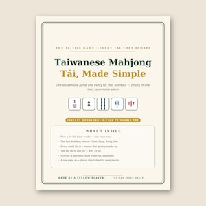 May include: A printable PDF guide titled Taiwanese Mahjong Tái, Made Simple. The document features dark green and gold text on a cream background, including a list of contents, five Mahjong tile illustrations, and a summary of game rules.
